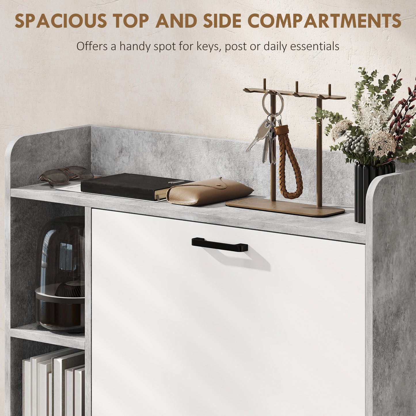 Shoe Cabinet with 2 Flip Drawers, 3 Side Compartments, Adjustable Shelves, 8-12 Pairs for Entryway Hallway, Grey