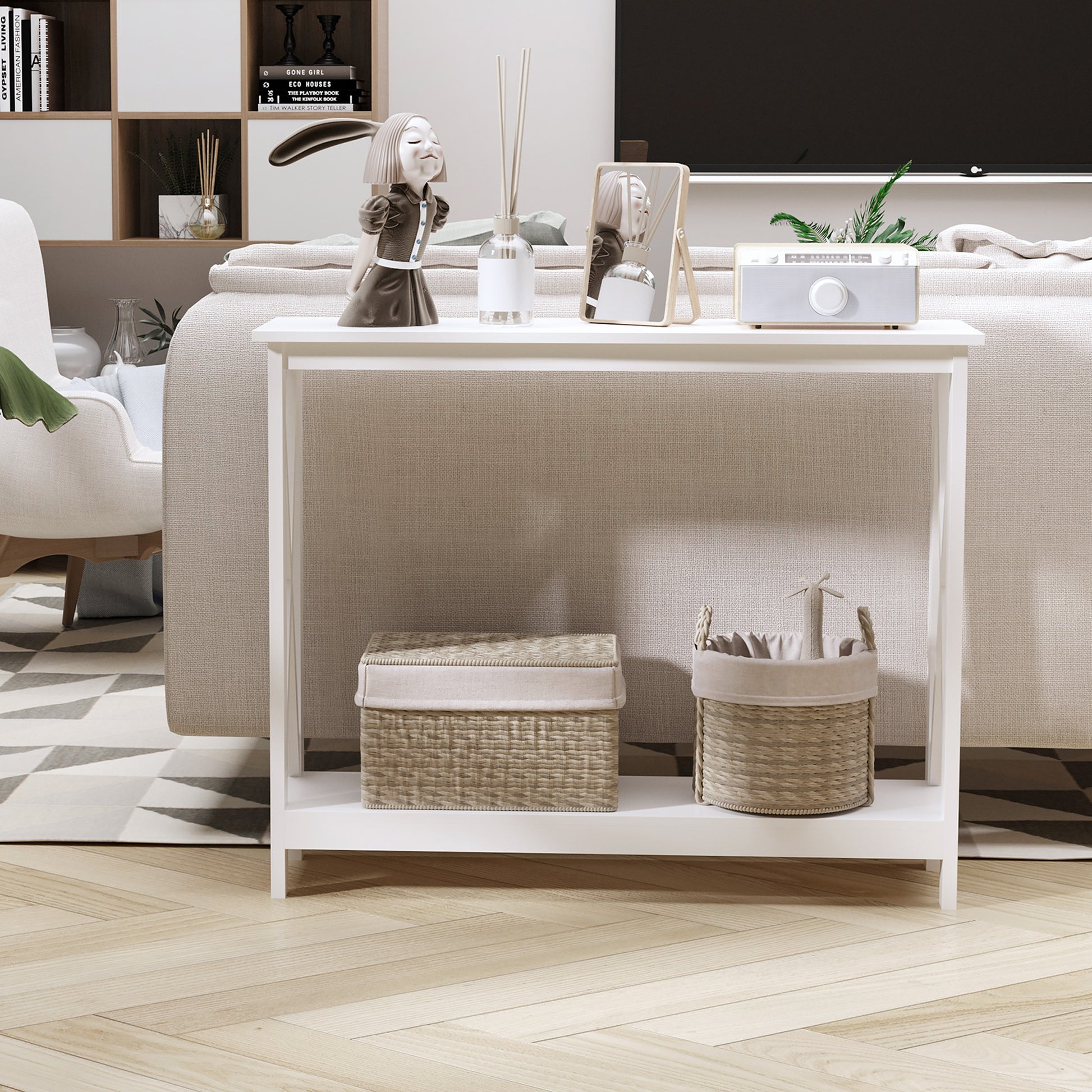 40" Console Table, 2 Tier X-Design Narrow Entryway Table with Storage Shelf for Behind Couch, Living Room, Hallway, Whit