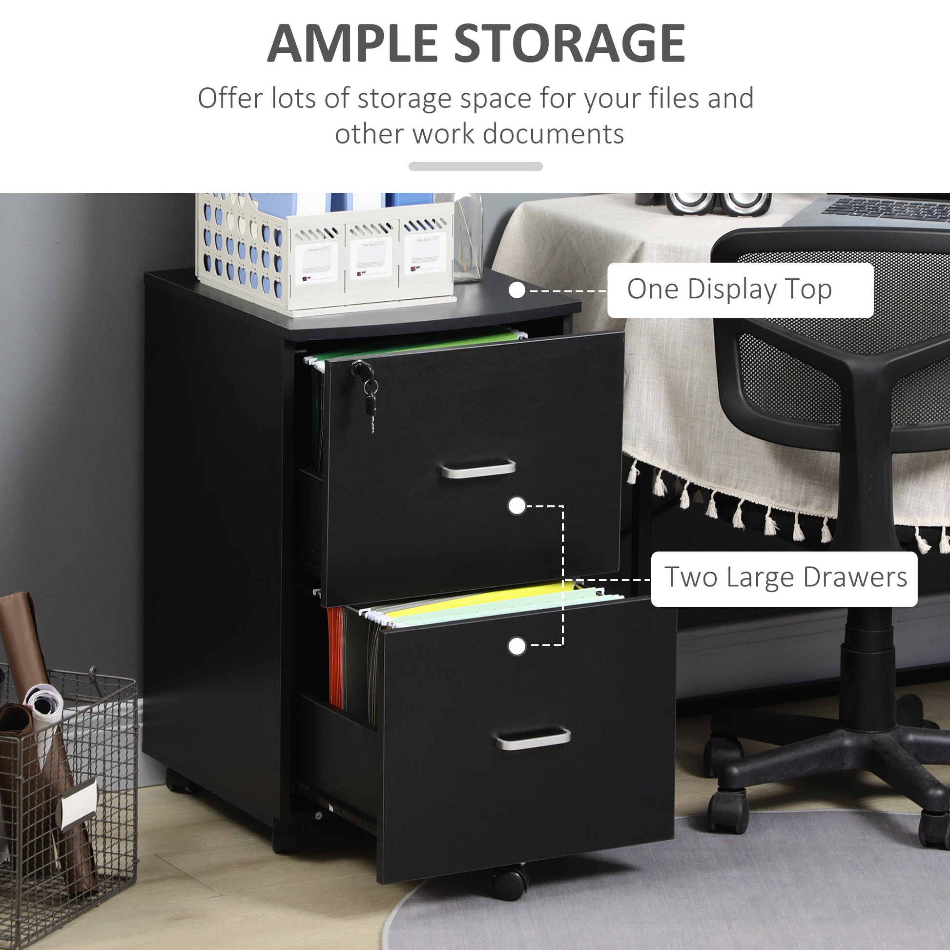 2 Drawer File Cabinet with Lock, Small Rolling Filing Cabinet for A4, Letter-Size Documents, Printer Stand for Home Offi