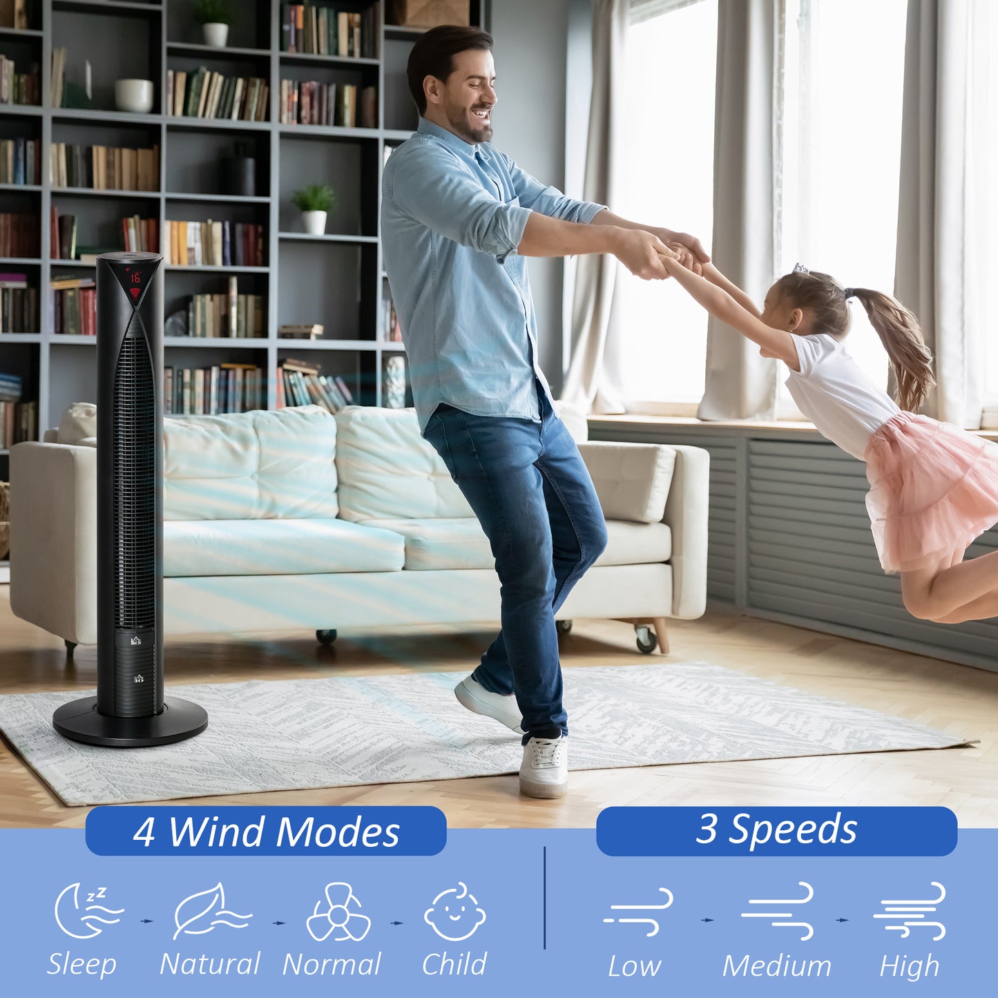 Freestanding Tower Fan Cooling for Home Bedroom with 3 Speed, 12h Timer, Oscillating, LED Sensor Panel, Remote Controlle