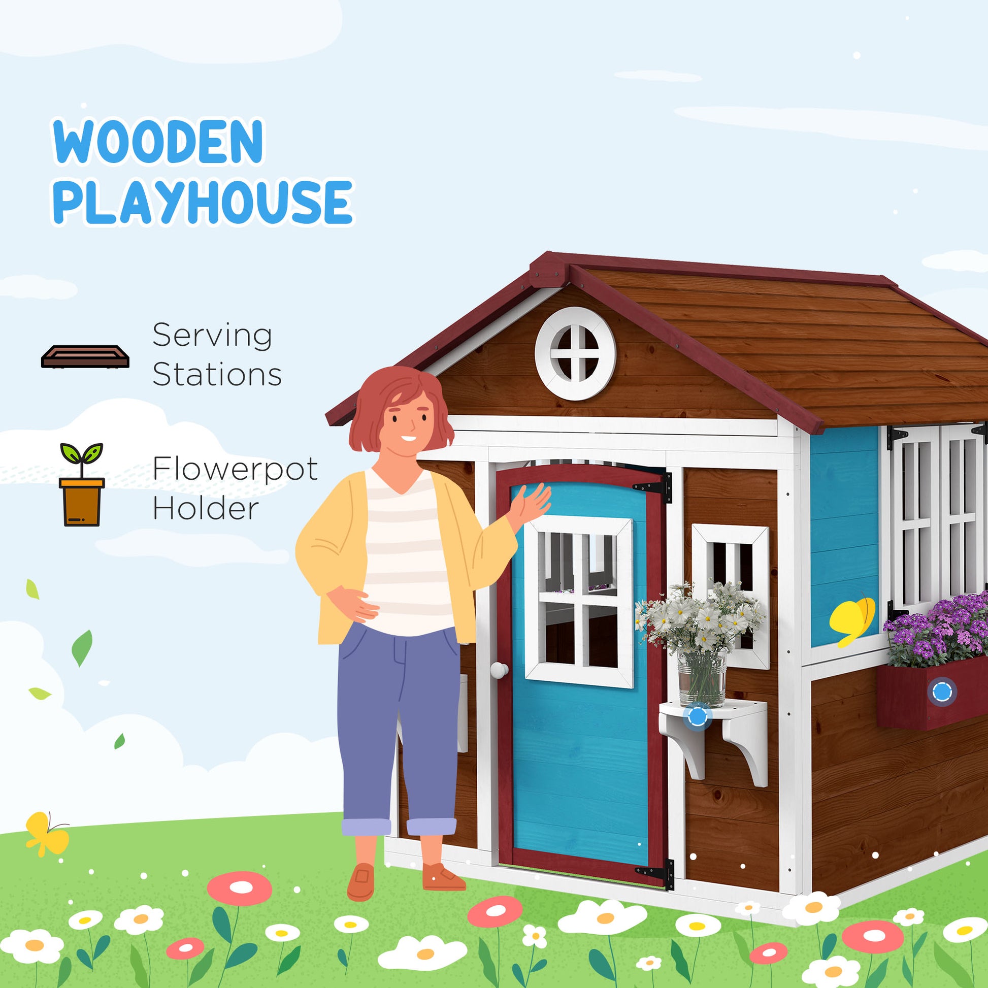 Wooden Playhouse for Kids Outdoor with Door, Windows, Planter Pots and Boxes for Toddlers 3-8 Years, Dark Brown