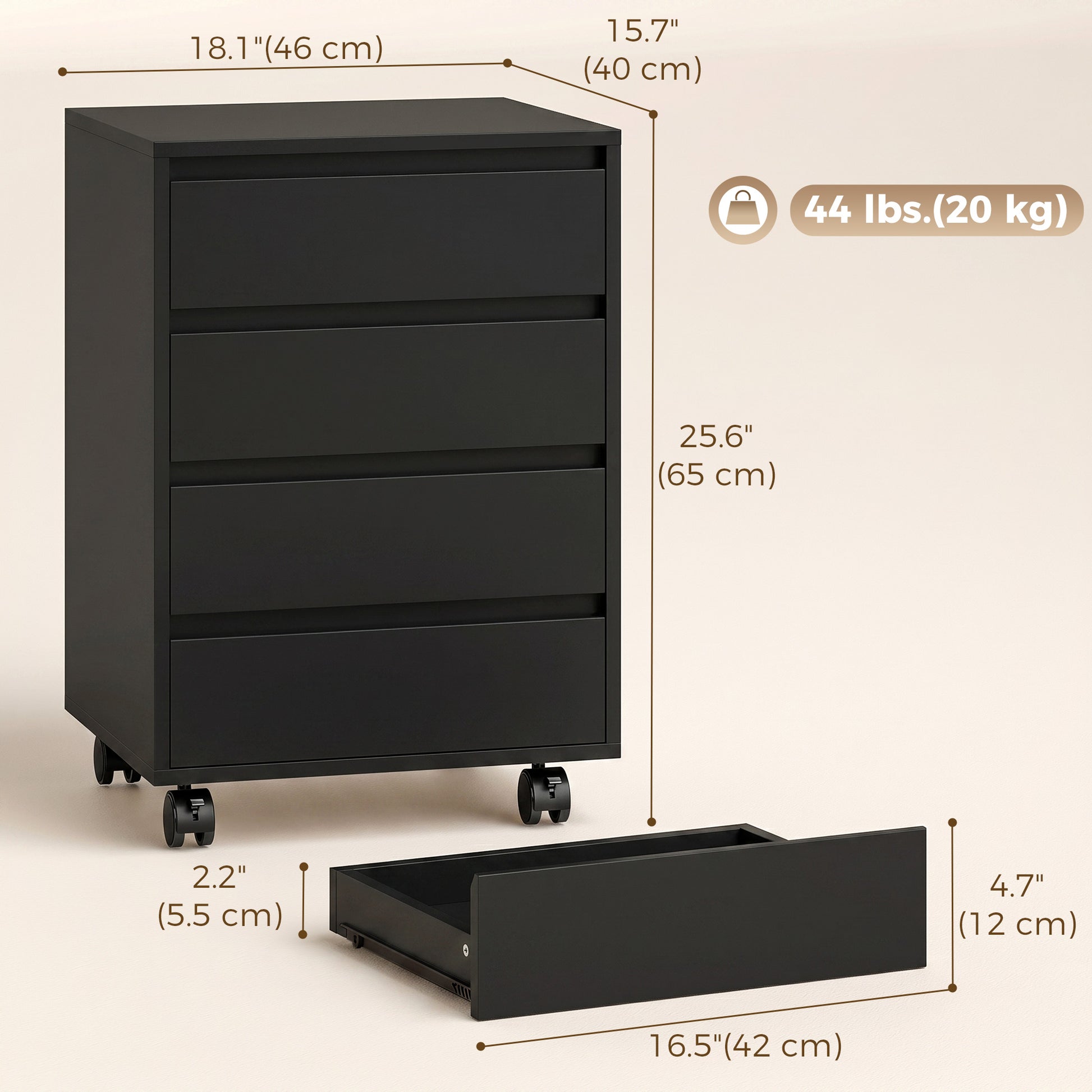 4 Drawer File Cabinet, Vertical Filing Cabinet with Wheels, Modern Printer Stand for Home Office, Black