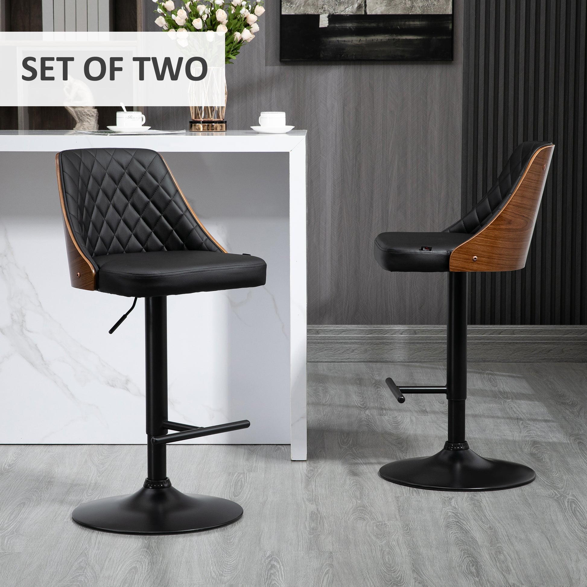 Modern Bar Stools PU Leather Set of 2 Swivel Bar Height Barstools Chairs with Adjustable Height, Round Heavy Metal Base 