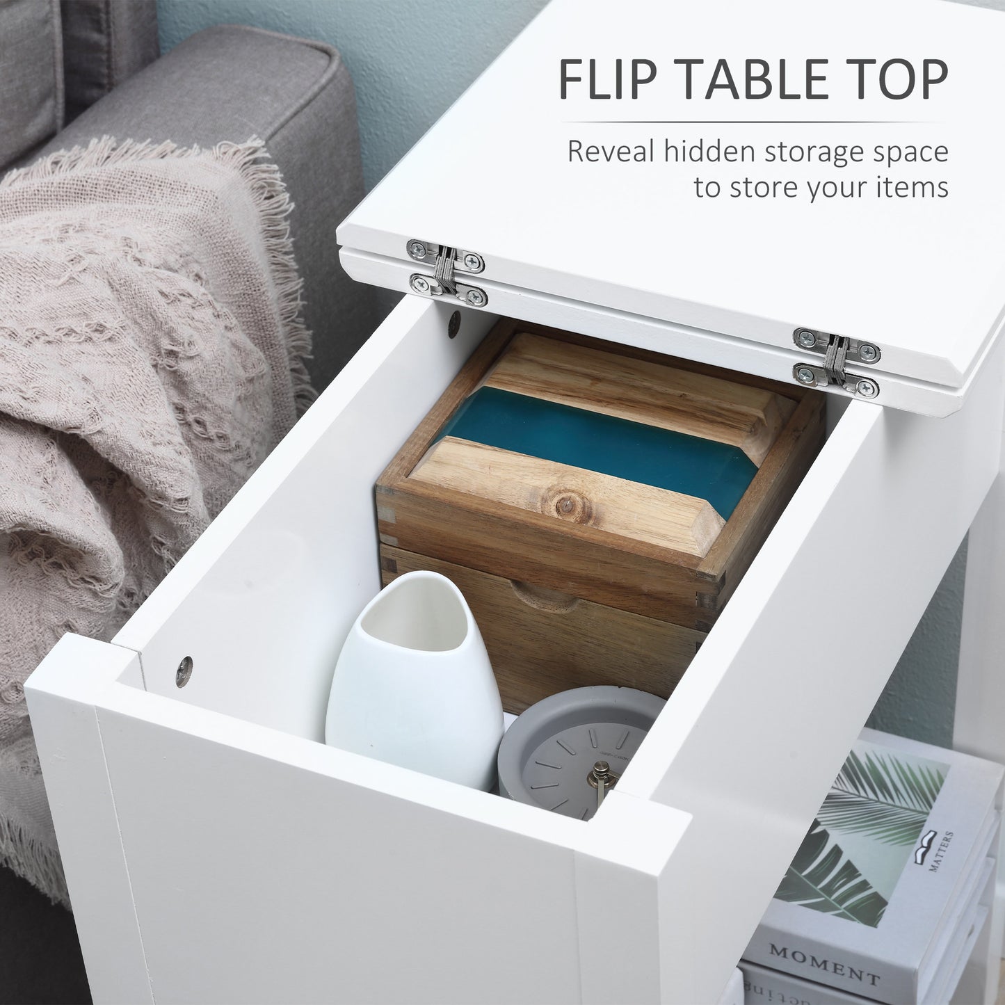 Flip Top End Table, Side Table with Storage Shelf and Cable Management, Narrow Nightstand for Living Room, Bedroom, Whit