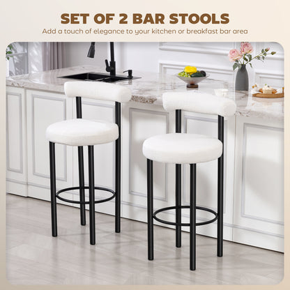 Bar Stools Set of 2, Sherpa Upholstered Barstools with Backrest, Bar Height Stools with Footrest for Kitchen Island