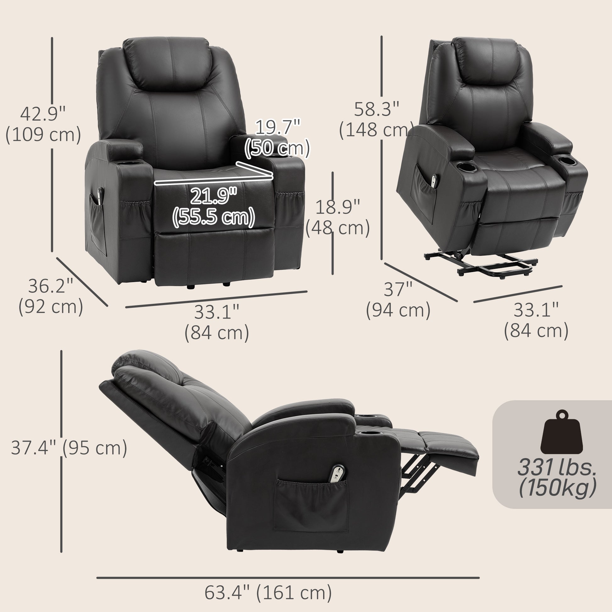 Power Lift Recliner Chair for Elderly, PU Leather Lift Chair with Thick and High Back, Footrest, Remote, Side Pockets, C