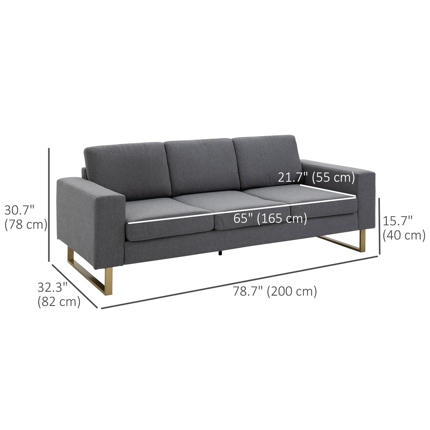 3 Seater Sofa, Linen Upholstered Cozy Padded Couch with Steel Leg, Backrest and Wide Armrest, for Living room, Bedroom, 