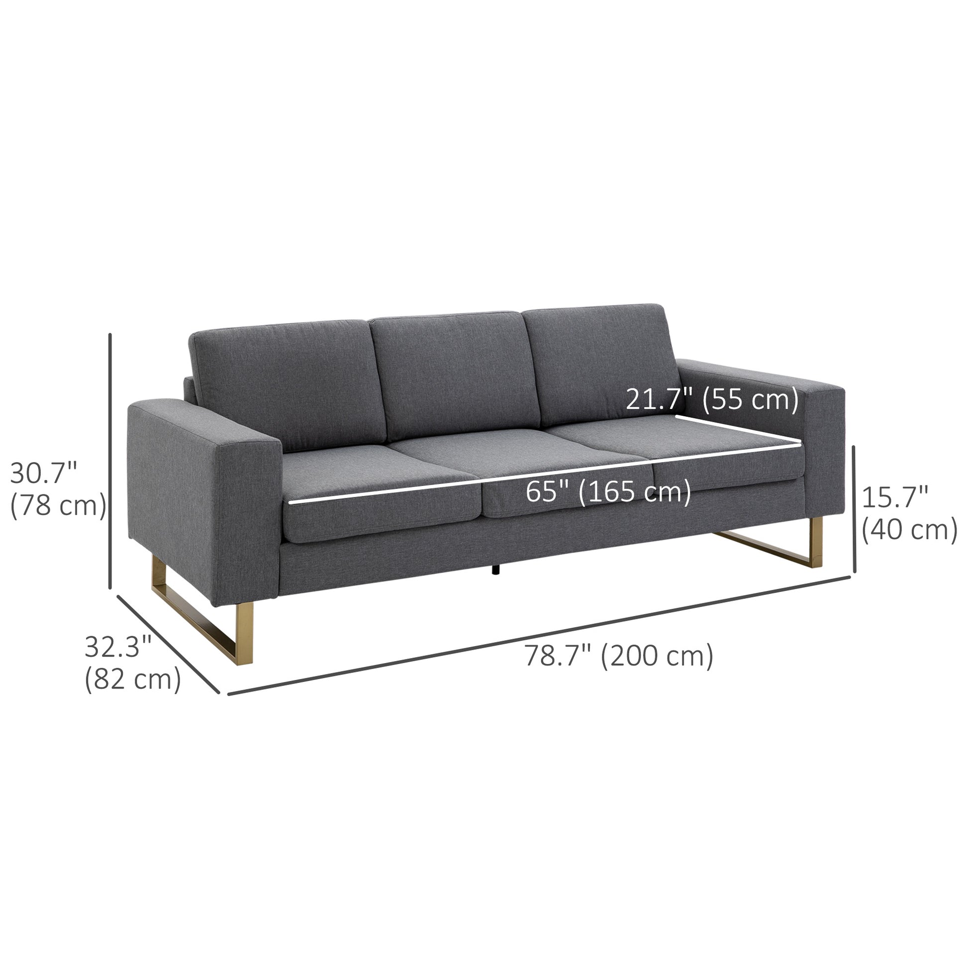3 Seater Sofa, Linen Upholstered Cozy Padded Couch with Steel Leg, Backrest and Wide Armrest, for Living room, Bedroom, 