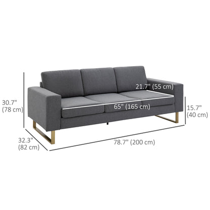 3 Seater Sofa, Linen Upholstered Cozy Padded Couch with Steel Leg, Backrest and Wide Armrest, for Living room, Bedroom, 