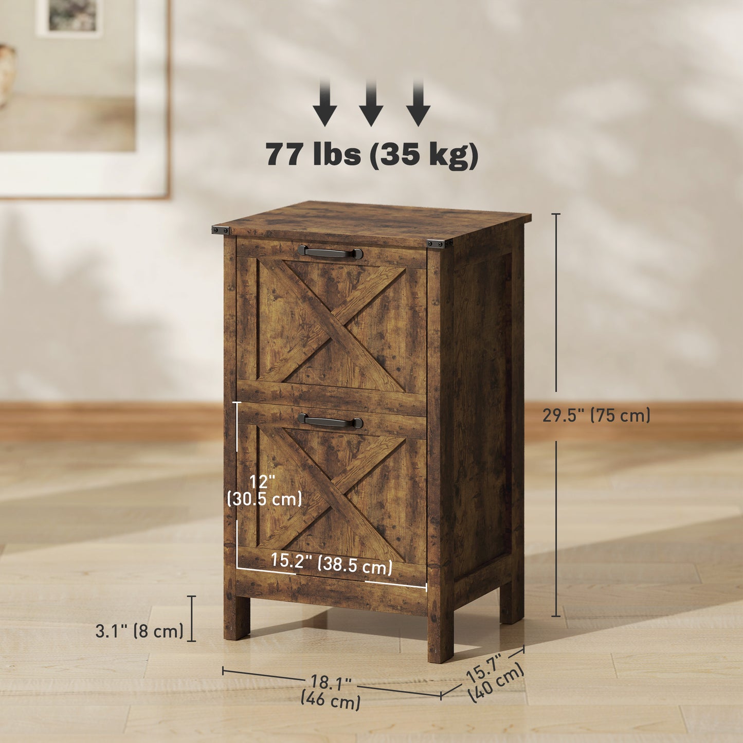 Vertical Filing Cabinet with 2 Drawers, Rustic Farmhouse Office Storage Cabinet for A4, Letter Size, Rustic Brown