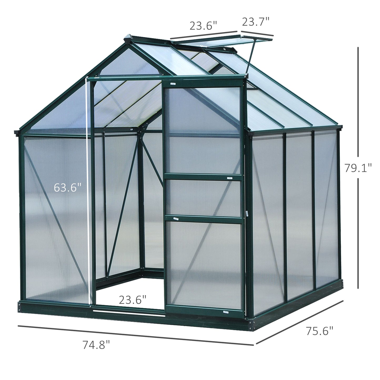 6.2' x 6.3' x 6.6' Clear Polycarbonate Greenhouse Large Walk-In Green House Garden Plants Grow Galvanized Base Aluminium