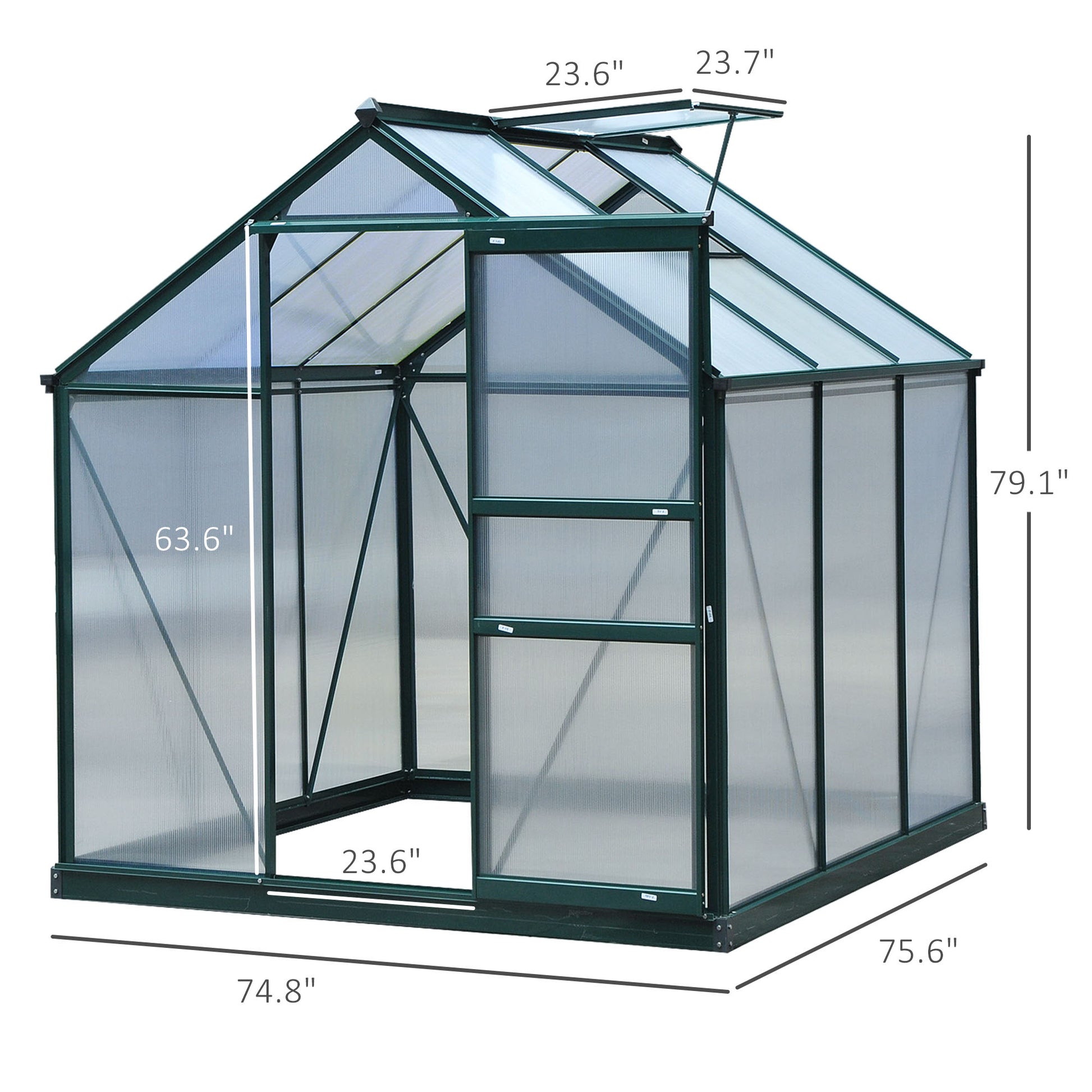 6.2' x 6.3' x 6.6' Clear Polycarbonate Greenhouse Large Walk-In Green House Garden Plants Grow Galvanized Base Aluminium