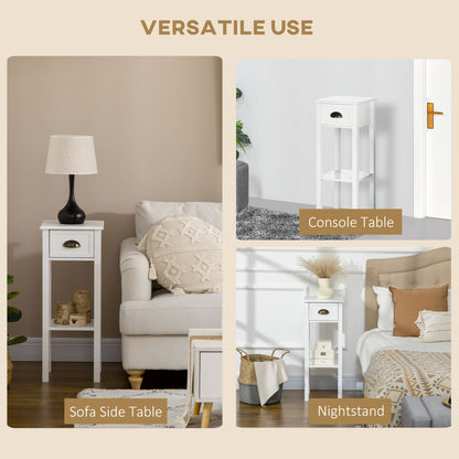 2 Tier Side Table, Set of 2, Narrow Tall End Table with Drawer and Shelf, Slim Wooden Nightstand for Living Room, Bedroo