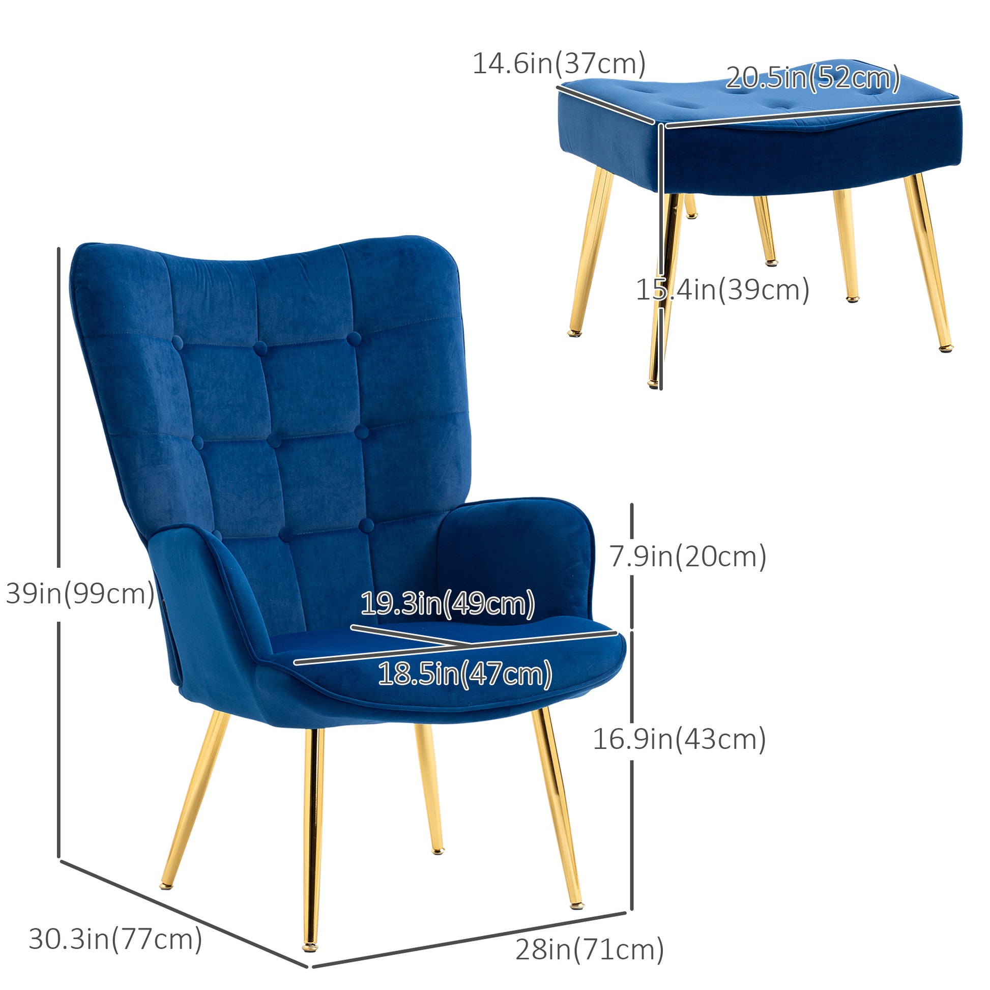 Modern Accent Chair with Ottoman, Upholstered Armchair with Footrest, Gold Metal Legs for Living Room, Bedroom, Dark Blu