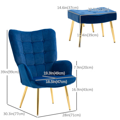 Modern Accent Chair with Ottoman, Upholstered Armchair with Footrest, Gold Metal Legs for Living Room, Bedroom, Dark Blu