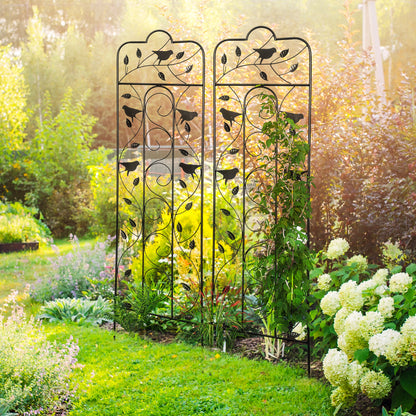 2 Pack Garden Trellis for Climbing Plants, Outdoor Metal Grid Panels with Birds and Leaves, for Roses, Vine Flower, Cucu