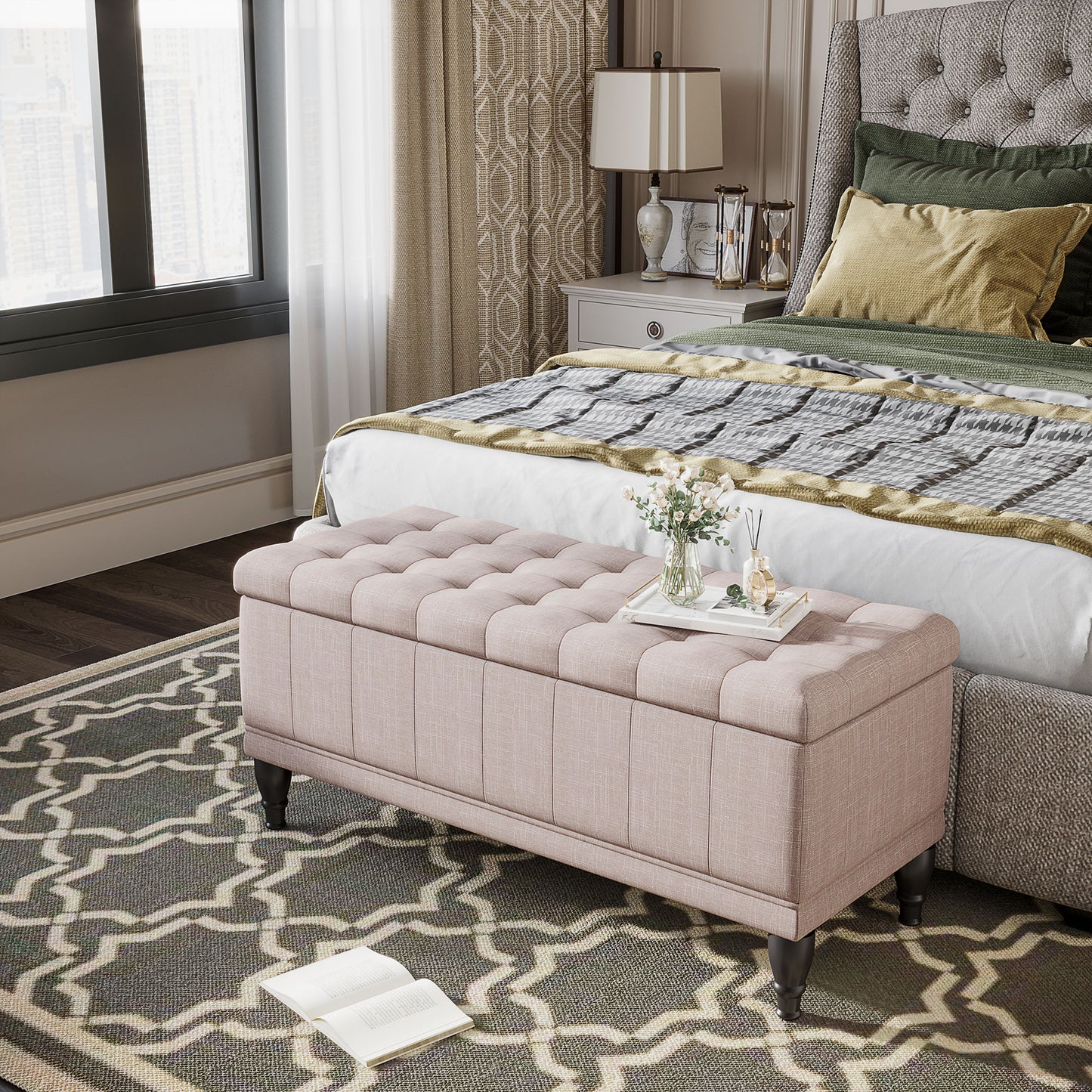 Storage Ottoman, Linen Fabric End of Bed Bench with Soft Close Lid, Button Tufted Storage Bench for Living Room, Entrywa