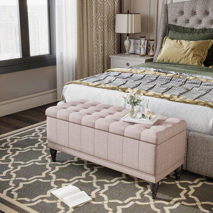 Storage Ottoman, Linen Fabric End of Bed Bench with Soft Close Lid, Button Tufted Storage Bench for Living Room, Entrywa