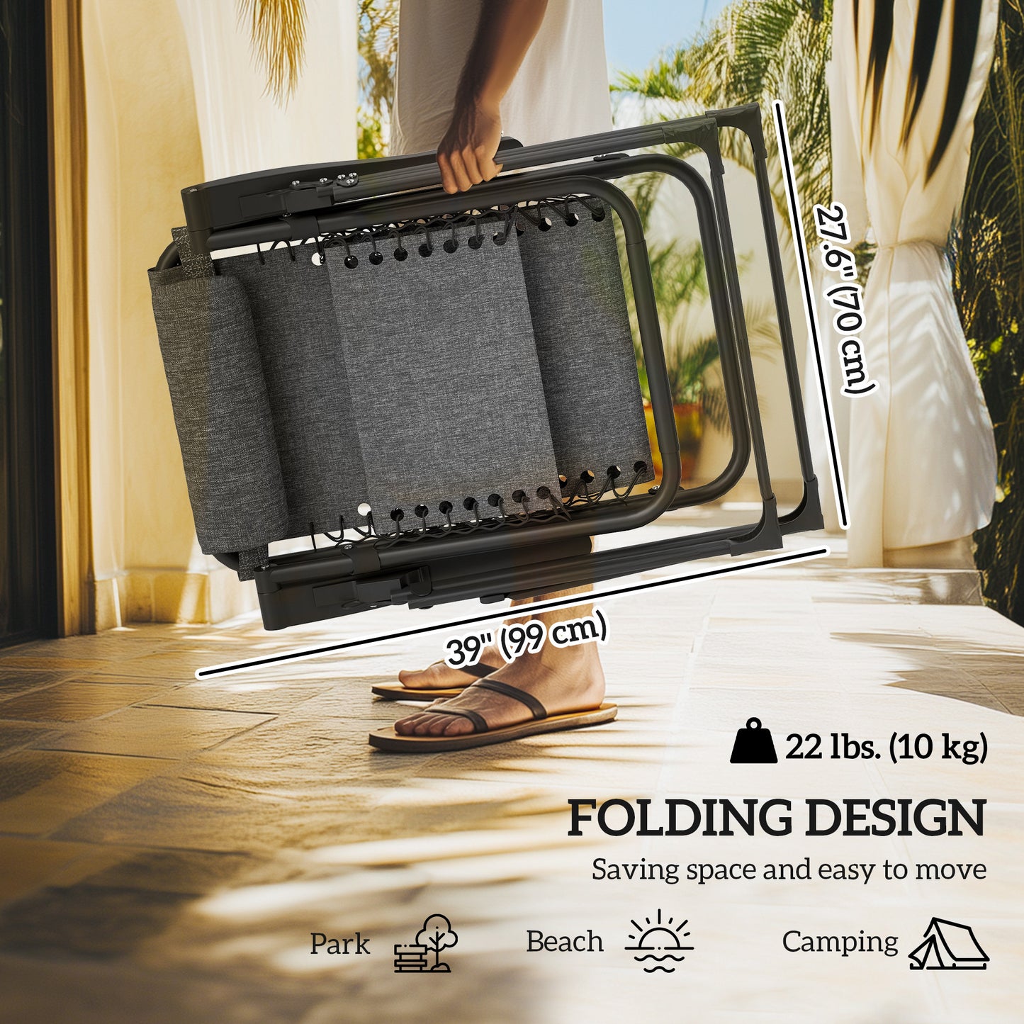 Padded Folding Recliner Chair, Patio Lounger with Cupholder, Adjustable Backrest, Removable Cushion, Grey