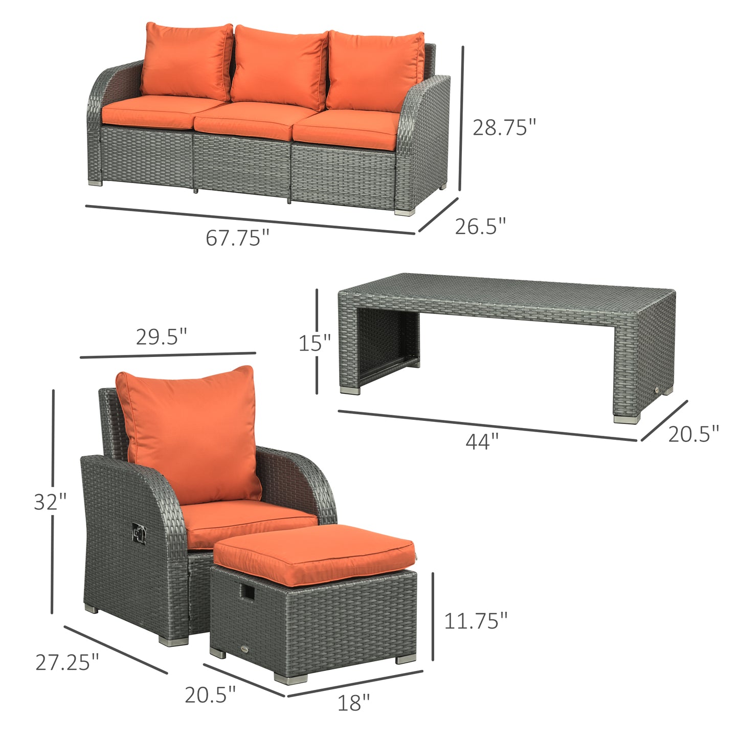 6 Pieces Patio Furniture with 2 Recliner Chairs, PE Wicker Sectional Furniture Conversation Set with a 3-Seat Sofa, 2 Fo