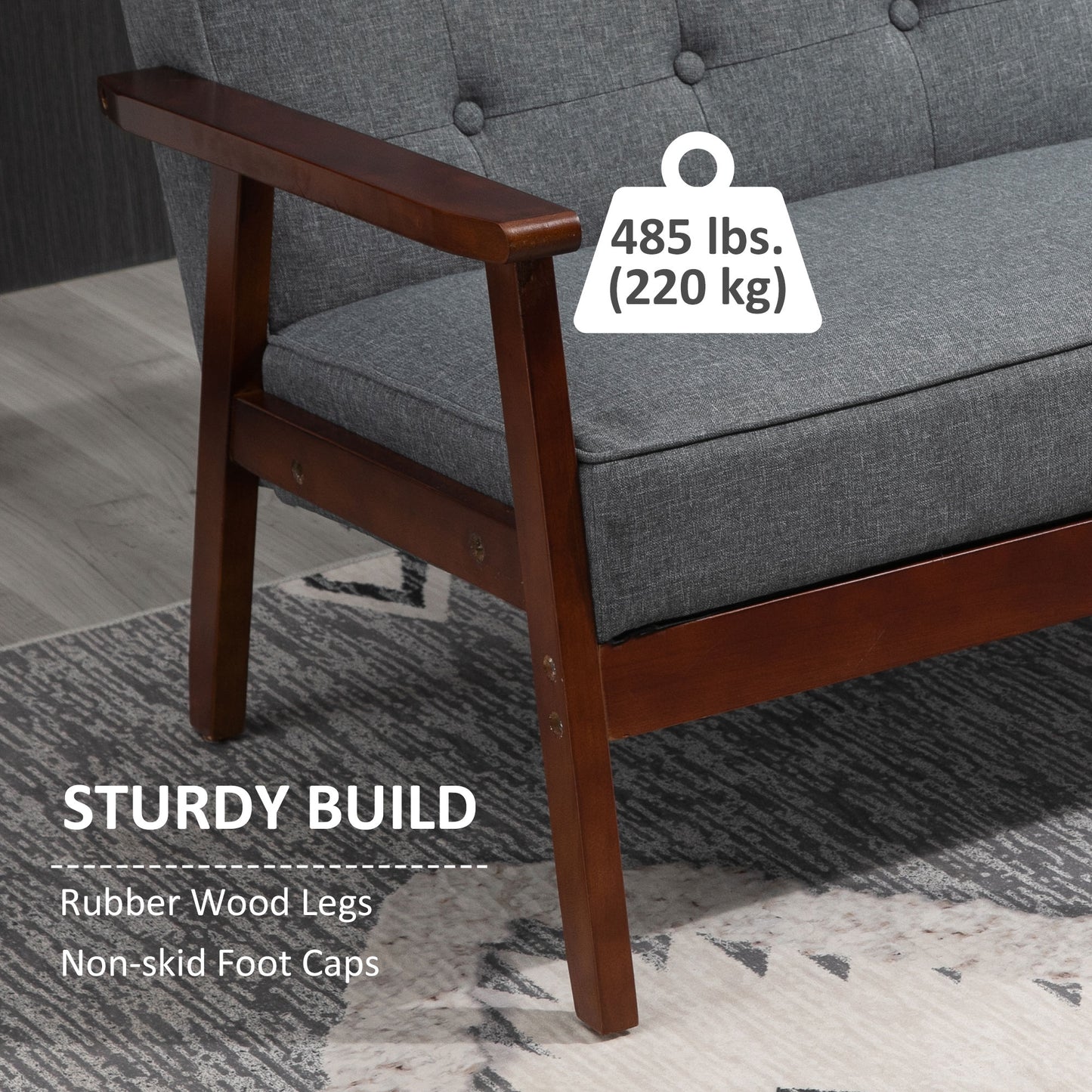44.5" 2 Seat Sofa for Bedroom, Modern Upholstered Loveseat with Button Tufted Back and Wood Legs, Grey