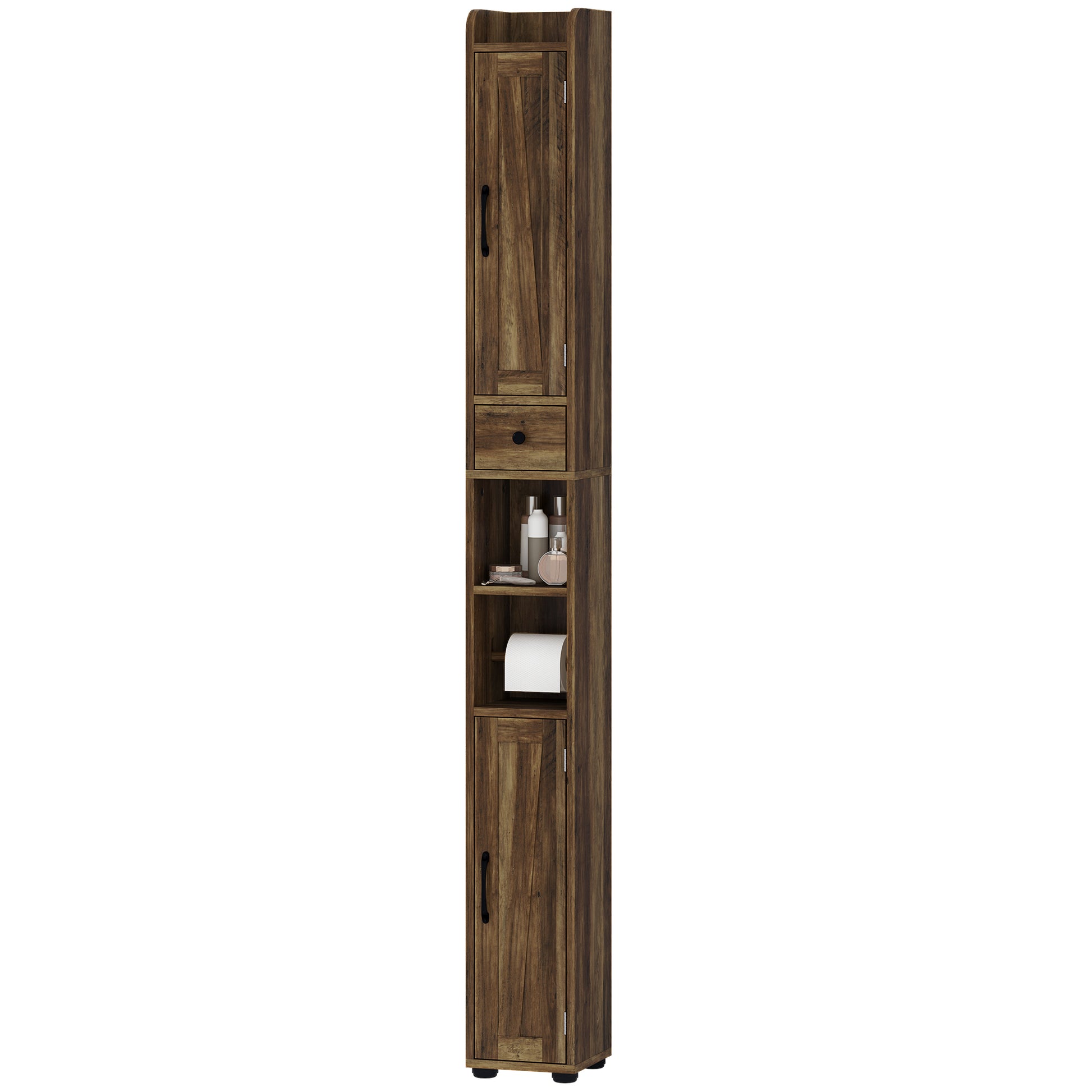 Narrow Bathroom Cabinet, Tall Bathroom Storage Cabinet with Barn Doors, Drawer and Adjustable Shelves, Brown Wood Grain
