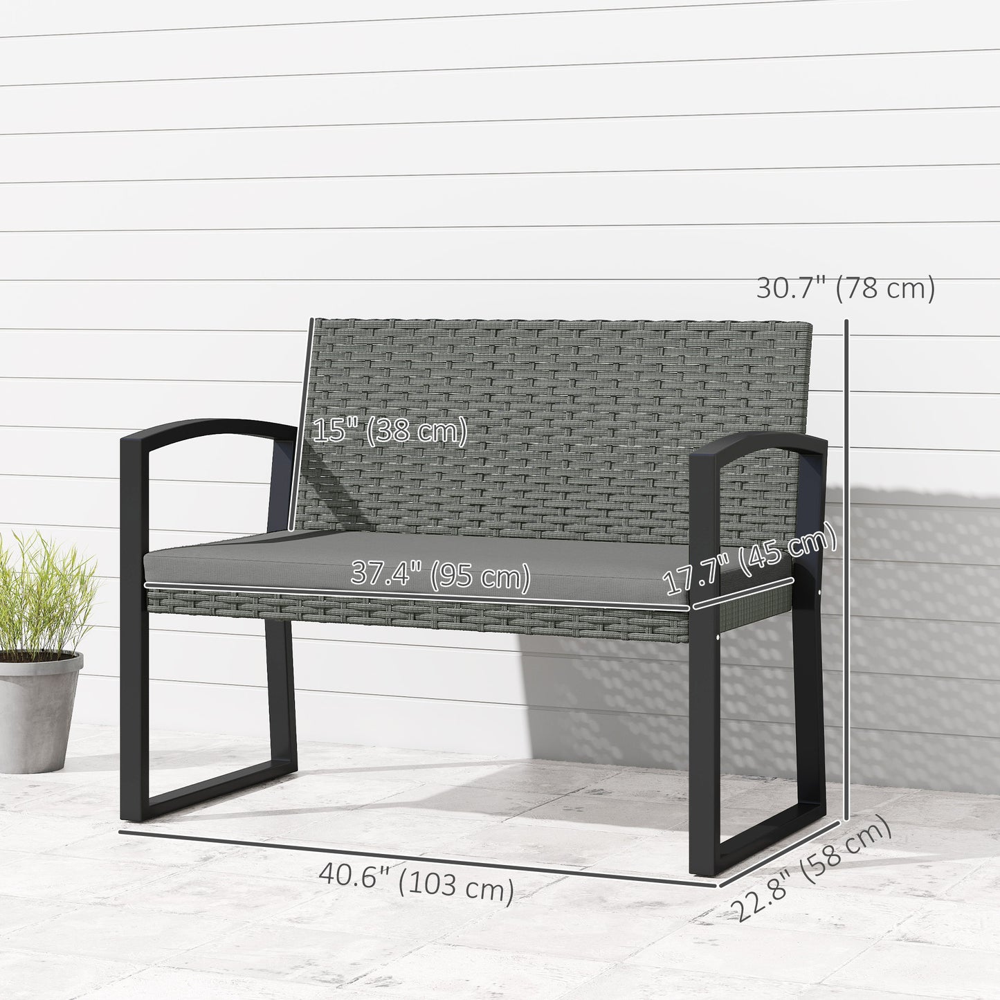 2 Seater Outdoor Bench, Rattan Garden Bench Loveseat with Cushion, Armrests, Steel Frame for Patio, Porch, Light Grey