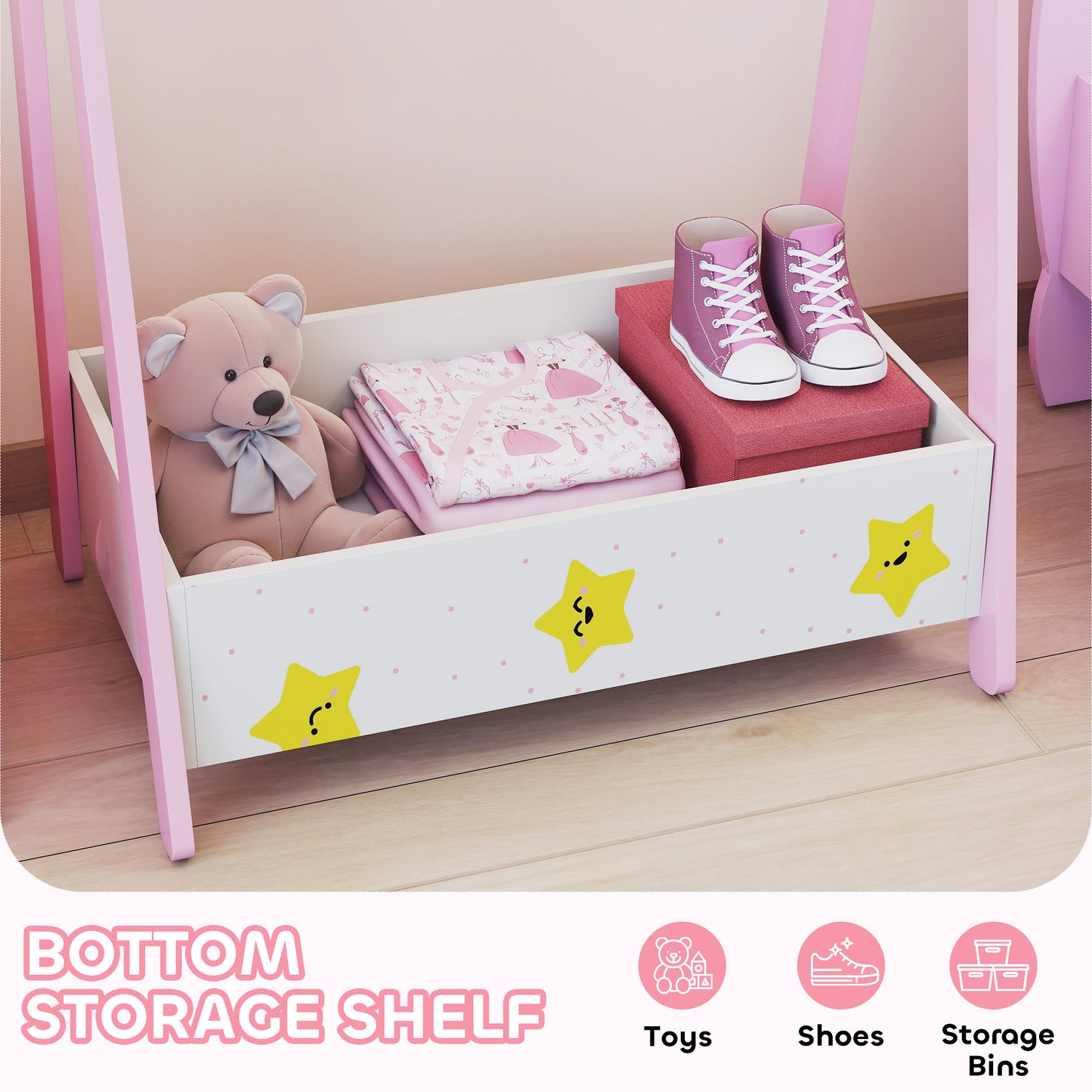 Qaba Kids Clothing Rack with Storage Shelf, Hangers, for Nursery Room, Living Room, Playroom, Pink