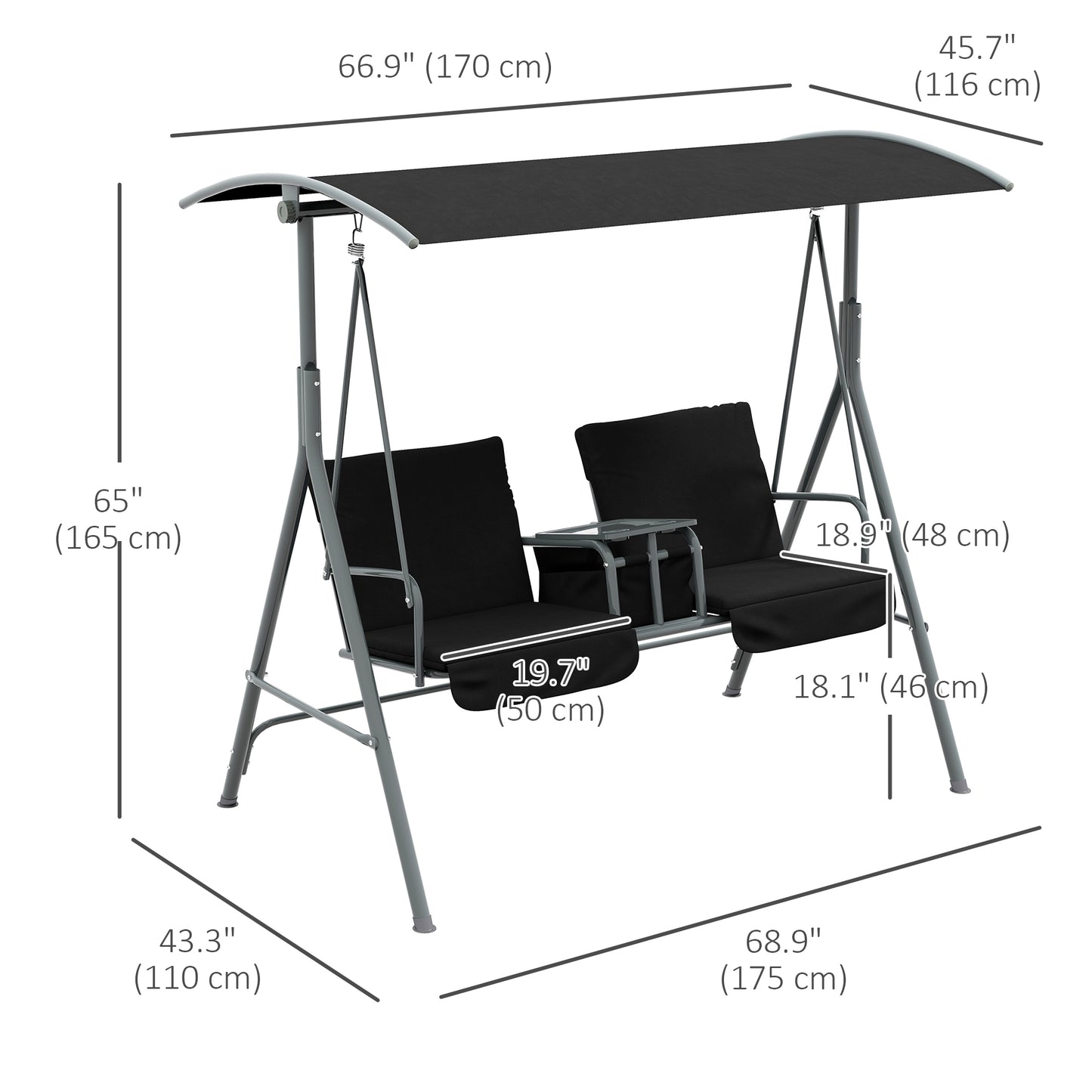 2-Seater Outdoor Porch Swing with Adjustable Canopy and Table, Patio Swing Chair for Garden, Poolside, Backyard, Black