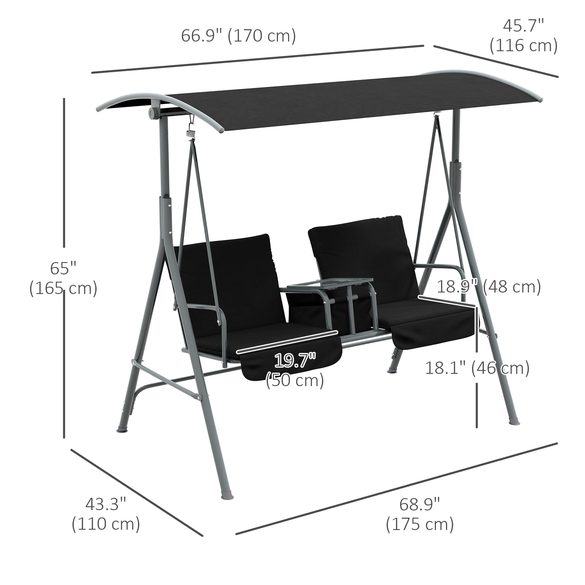 2-Seater Outdoor Porch Swing with Adjustable Canopy and Table, Patio Swing Chair for Garden, Poolside, Backyard, Black
