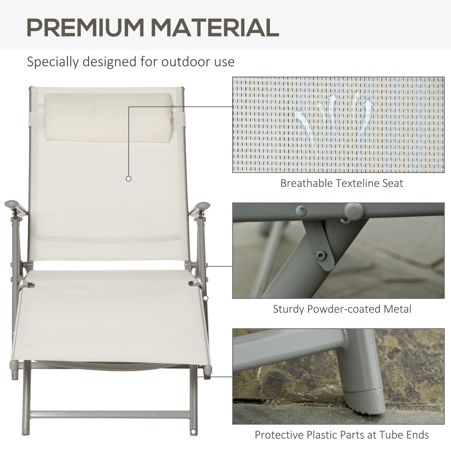Lounge Chair Outdoor, Folding Patio Chaise Lounger, 360 lbs 7-Position Adjustable Back Outdoor Recliner with Cushion, He