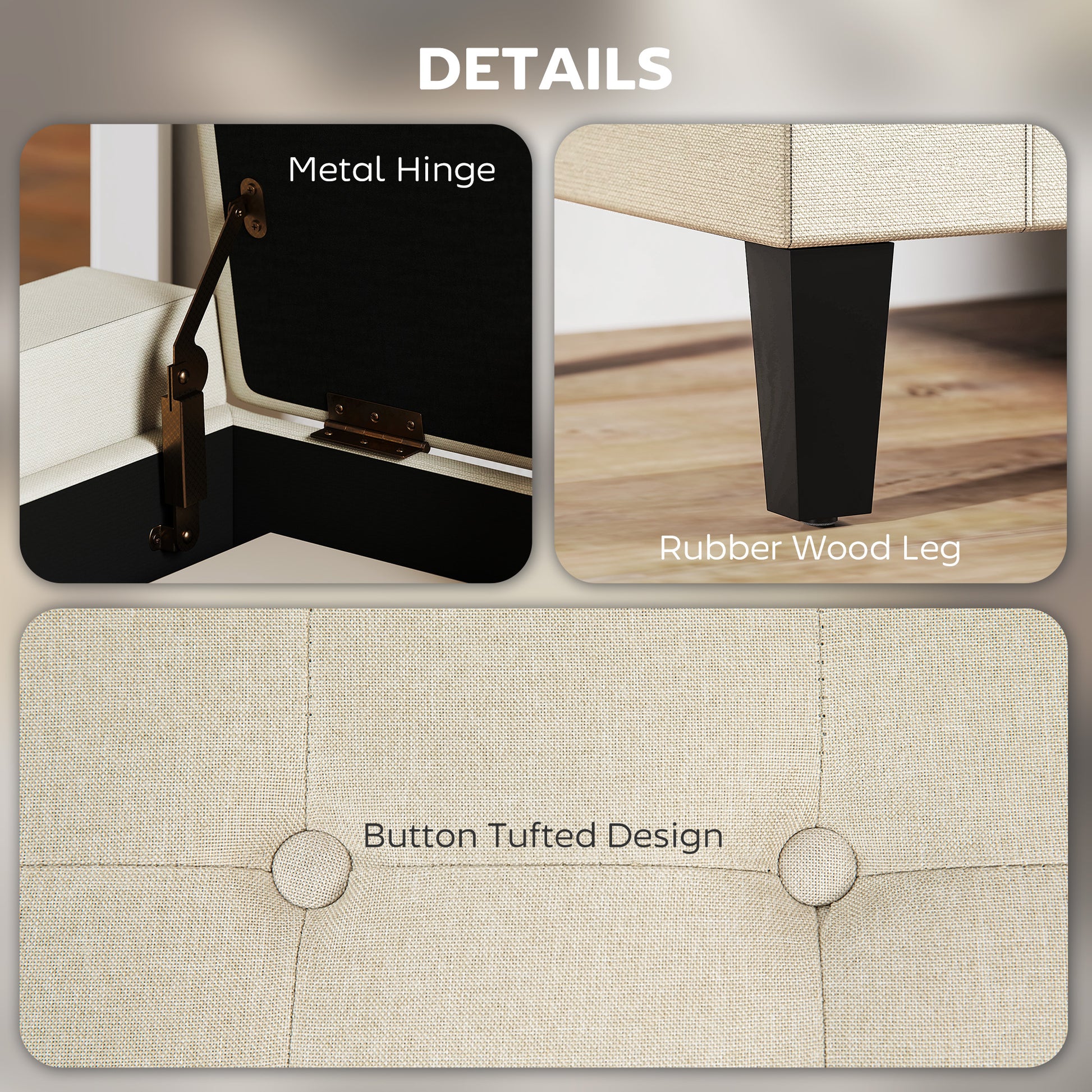 36" Storage Ottoman Bench, Linen-Look Fabric End of Bed Bench with Solid Wood Frame and Legs, Tufted Storage Chest, Foot