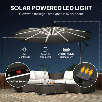 10 ft Offset Patio Umbrella with Solar Light, Garden Hanging Parasol with 360° Rotation, Tilt, Cover, Black
