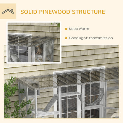 Large Outdoor Catio with Condos, Platforms, Doors, Ladders, Weather-Resistant Roof, Grey