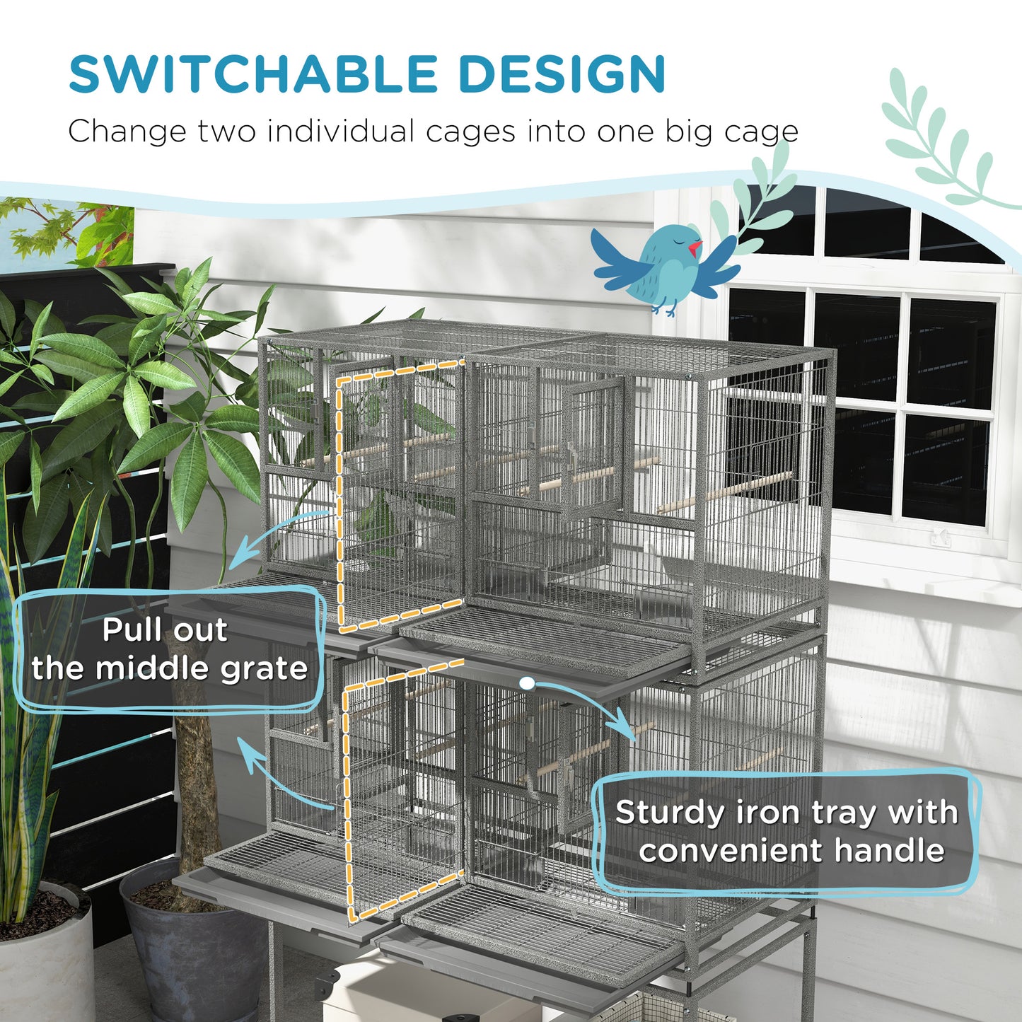61"H Divided Breeder Bird Cage with Rolling Stand Removable Metal Tray, Storage Shelf, Wood Perch, and Food Container, D