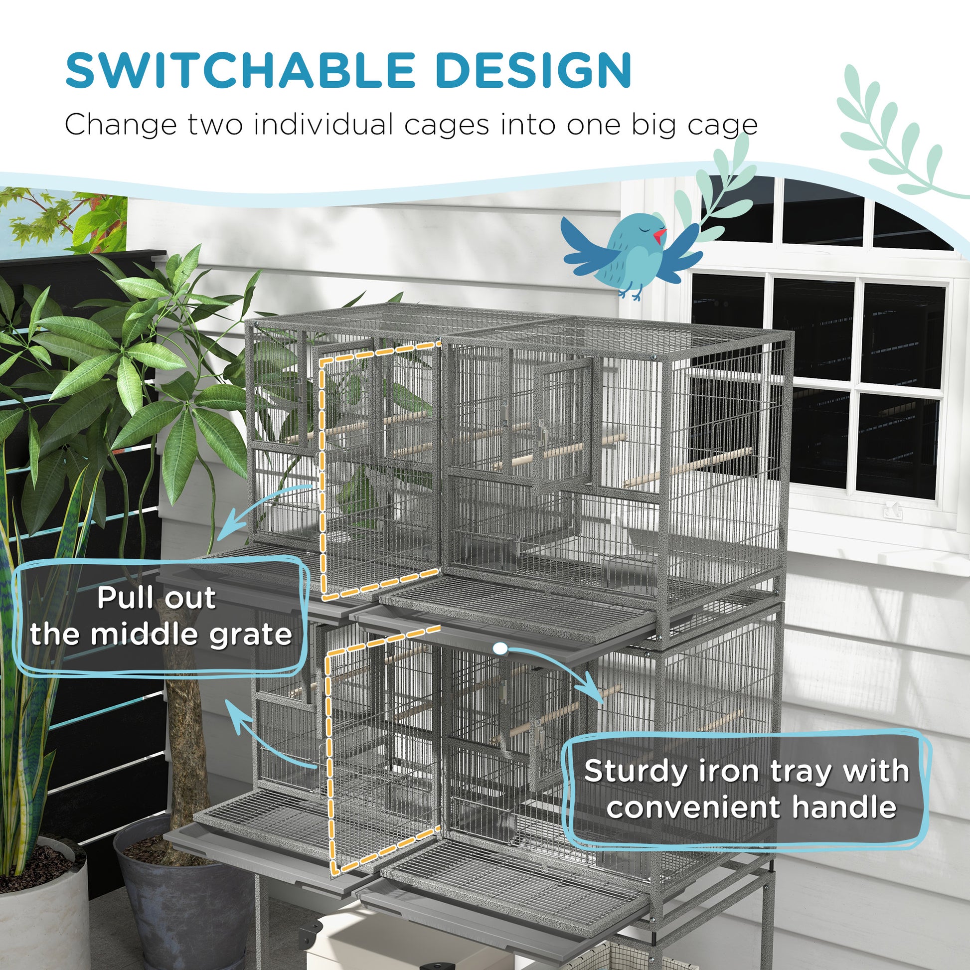 61"H Divided Breeder Bird Cage with Rolling Stand Removable Metal Tray, Storage Shelf, Wood Perch, and Food Container, D