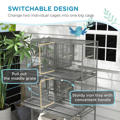 61"H Divided Breeder Bird Cage with Rolling Stand Removable Metal Tray, Storage Shelf, Wood Perch, and Food Container, D