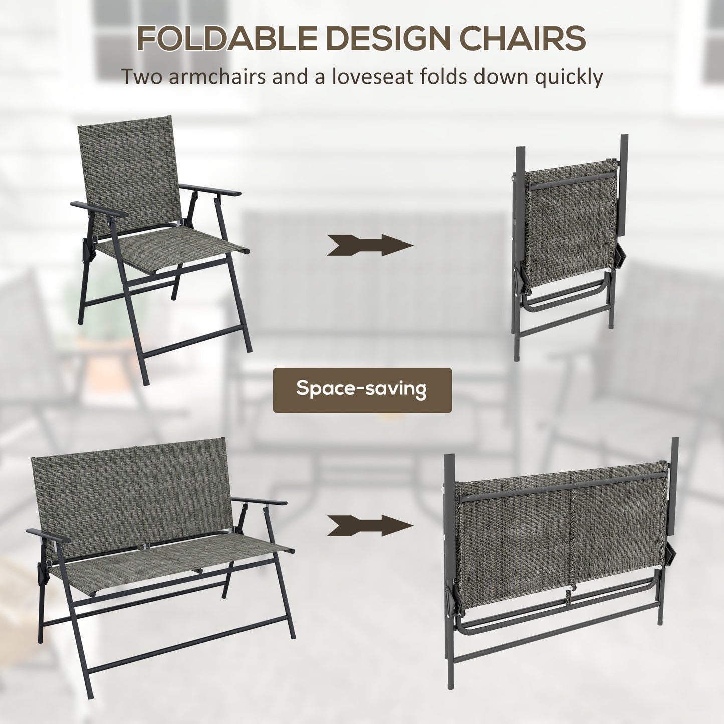 Outdoor 4 Pieces Patio Furniture Set, Garden Set with Two Foldable Armchairs, a Loveseat & Glass Top Table, Mixed Brown