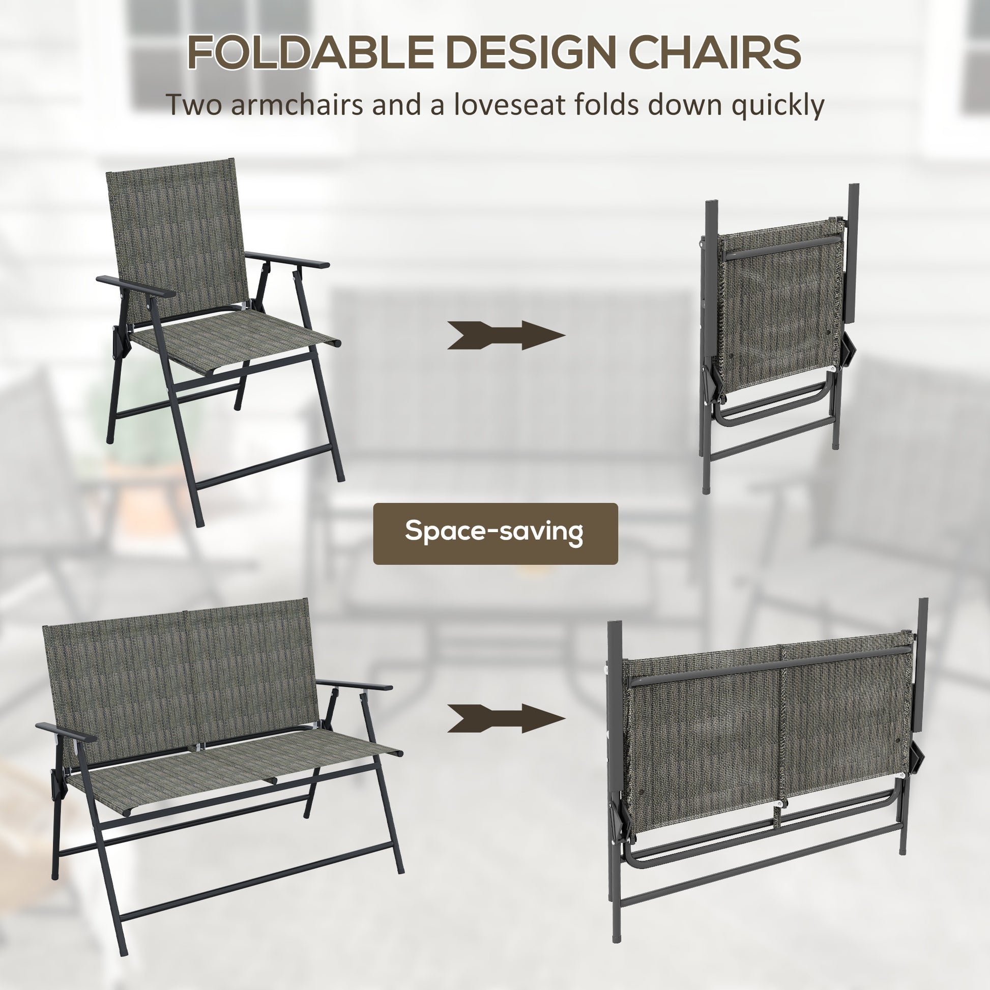 Outdoor 4 Pieces Patio Furniture Set, Garden Set with Two Foldable Armchairs, a Loveseat & Glass Top Table, Mixed Brown