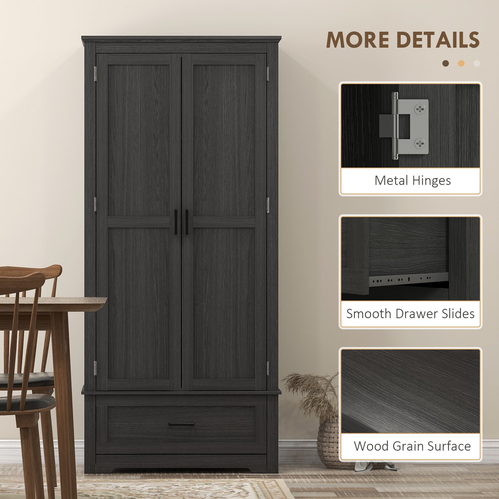 69" Tall Farmhouse Kitchen Pantry Cabinet with 2 Doors, Drawer and Adjustable Shelves, Black Wood Grain