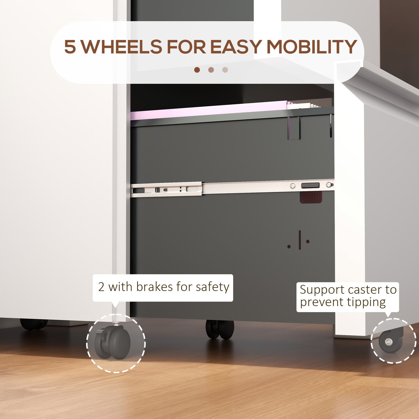Mobile Vertical Filing Cabinet with Lock, 2-Drawer Steel File Cabinet with Adjustable Hanging Bar for Letter, A4 and Leg