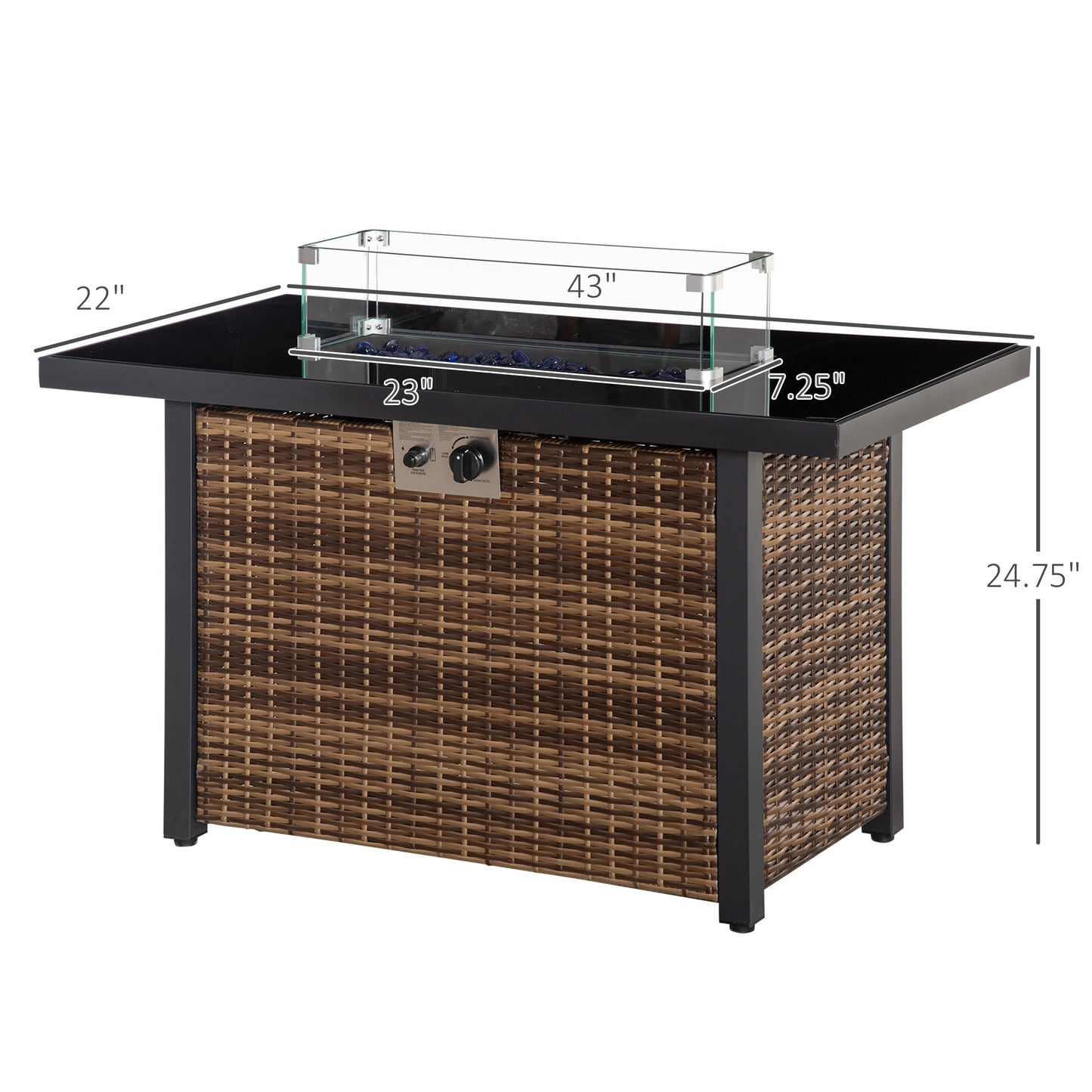 Outdoor Propane Gas Fire Pit Table, 50,000 BTU Electric Ignition Gas Firepit with Glass Cover, Black Glass Tabletop and 