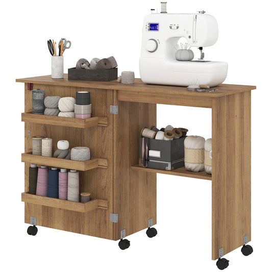 Sewing Machine Cabinet, Folding Sewing Table with Storage Shelf, Bins and Lockable Wheels for Small Space, Brown