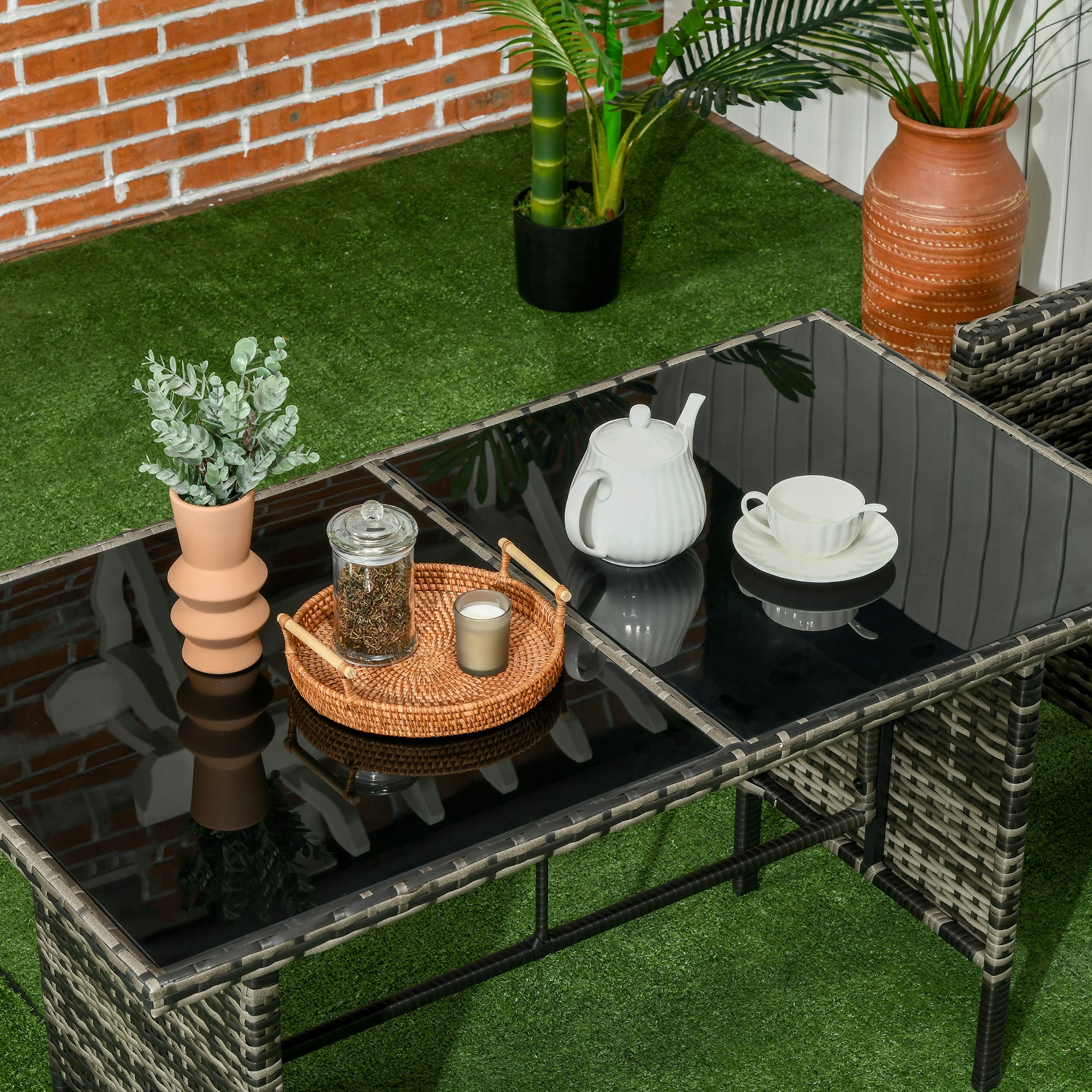 6-Piece Outdoor Patio Furniture Set with Chairs, Ottomans, Sofa, Glass Top Coffee Table and Cushions, Wicker Rattan Conv