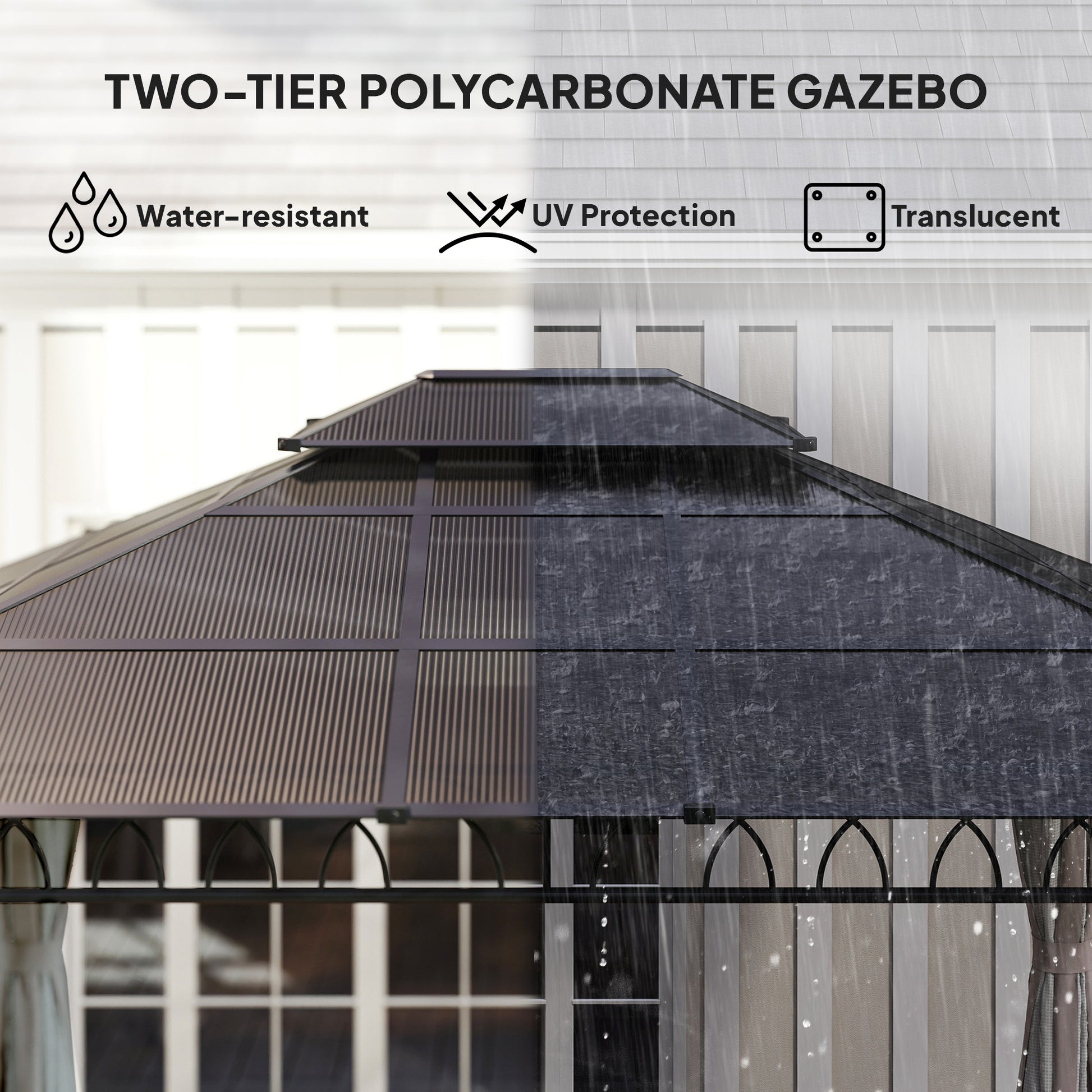 10' x 12' Outdoor Gazebo Canopy, Double Roof Hardtop Gazebo with Polycarbonate Roof, Steel Frame, Nettings and Curtains