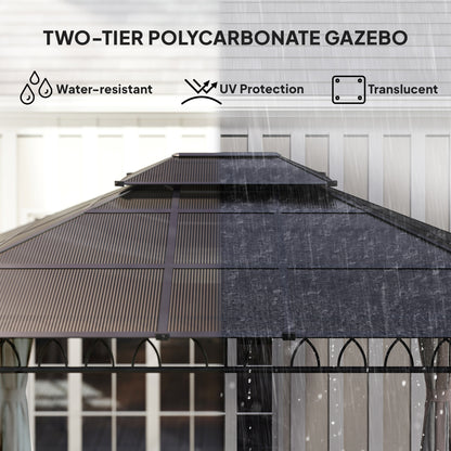 10' x 12' Outdoor Gazebo Canopy, Double Roof Hardtop Gazebo with Polycarbonate Roof, Steel Frame, Nettings and Curtains
