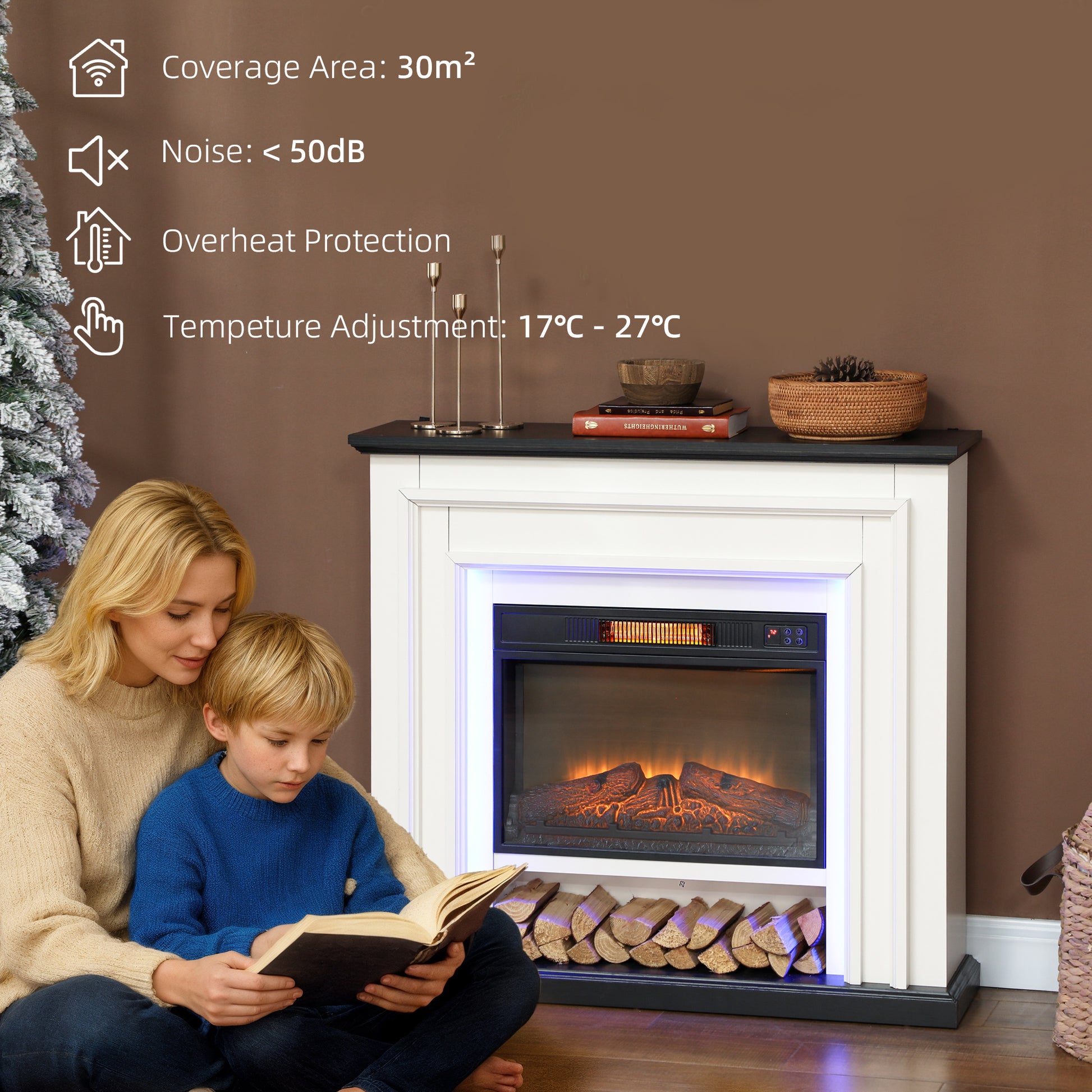 41 Inch Electric Fireplace with Mantel, 1400W Fireplace Heater with Adjustable 3D Flame Effect, Black and White