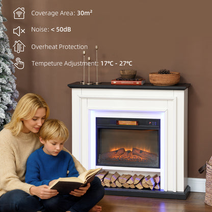 41 Inch Electric Fireplace with Mantel, 1400W Fireplace Heater with Adjustable 3D Flame Effect, Black and White