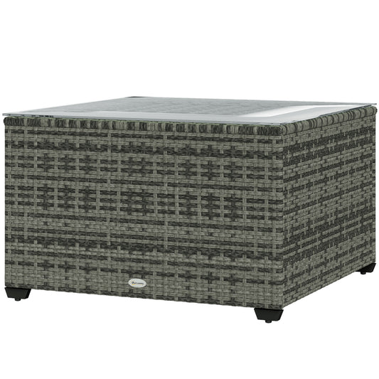 24.4" Patio Wicker Coffee Table, PE Rattan Outdoor Side Table with Tempered Glass Top, Light Grey
