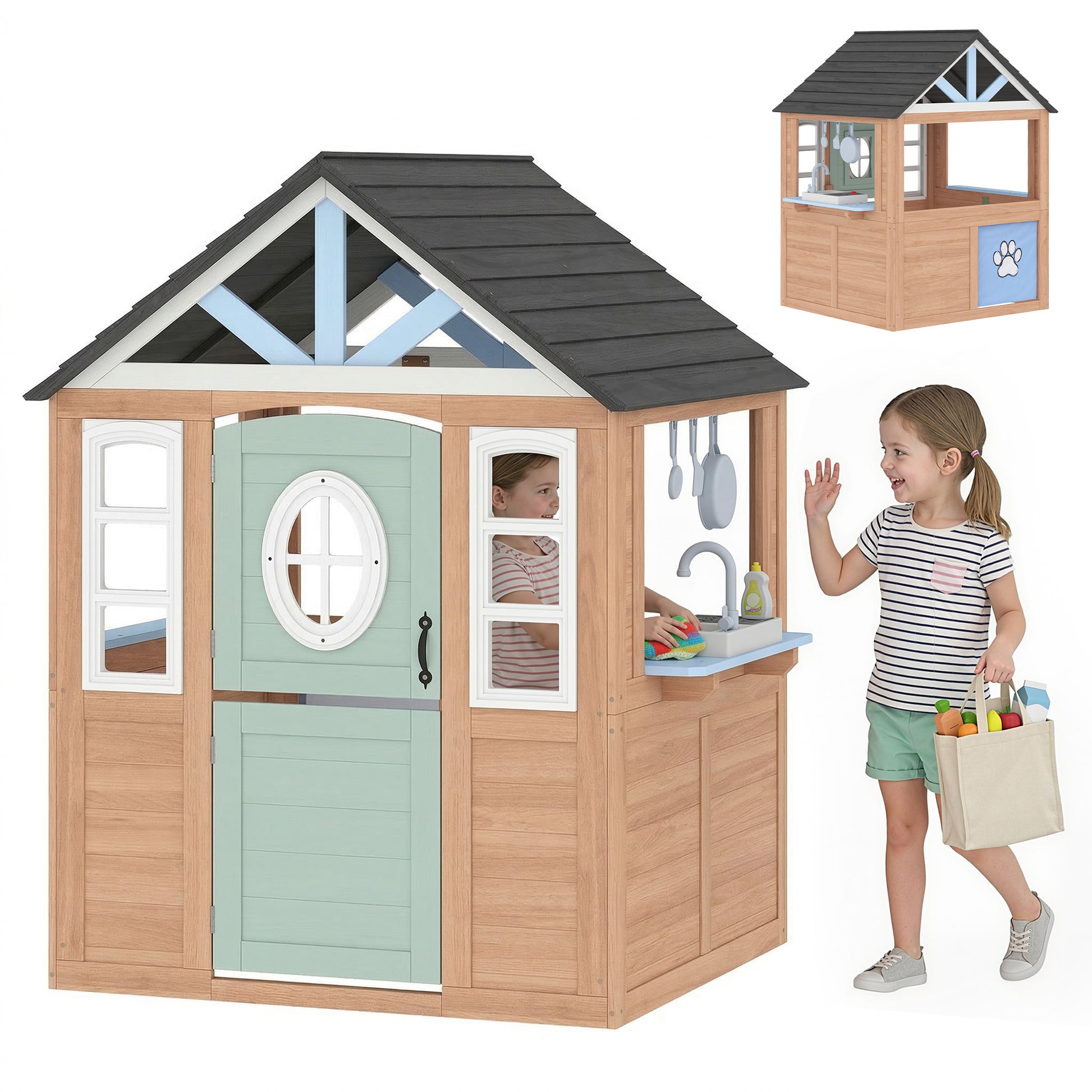 Qaba Kids Outdoor Playhouse, Wooden Cottage Play House with Pet Door, Play Kitchen, Half Door and Windows for Indoor Out